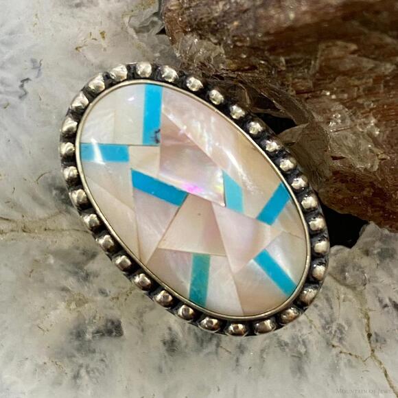 Carolyn Pollack Sterling Oval MOP & Turquoise Inlay Ring For Women Sz Variety - Picture 1 of 10